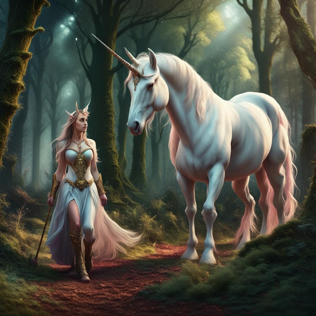 Druid walks with a large unicorn - AI Generated Artwork - NightCafe Creator