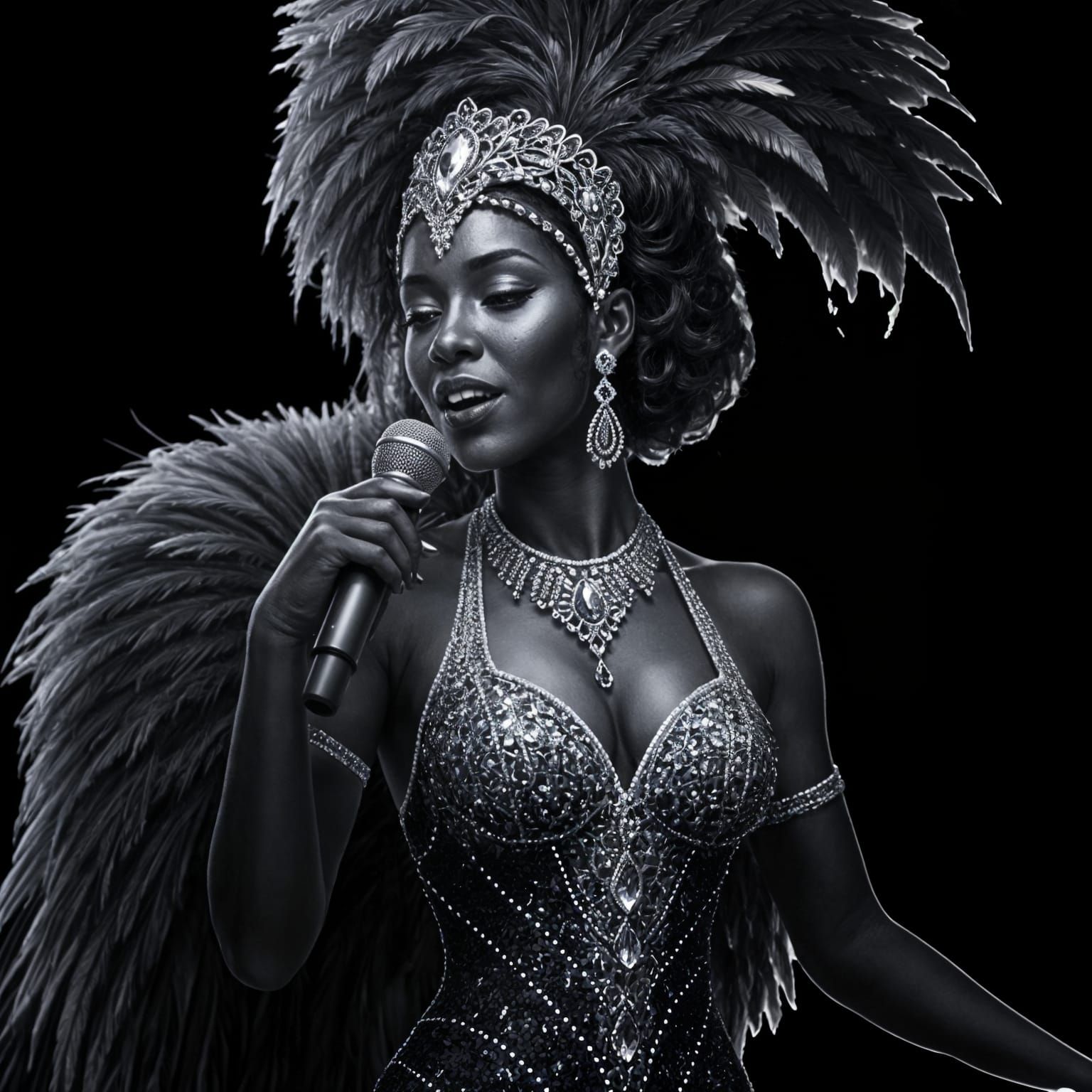 A BEAUTIFUL BLACK FEMALE SHOWGIRL CABARET JAZZ SINGER DRESSED IN a feathered headdress and a sequined RED AND BLACK EVENING GOWN ADORNED WITH SWAROVSKI DIAMONDS SINGING AT A BRIGHTLY LIT AND SMOKY JAZZ CLUB.