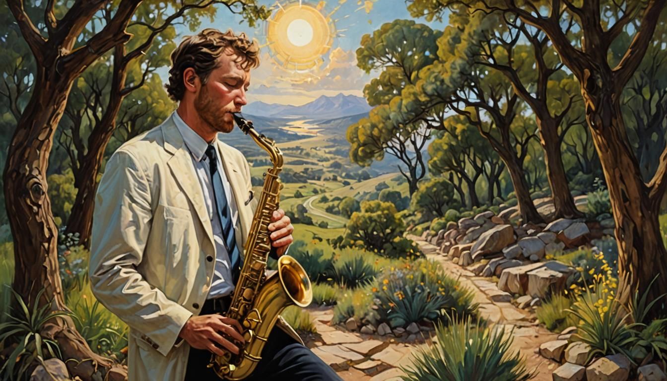 a white guy plays a saxophone about God psalm oil painting b...