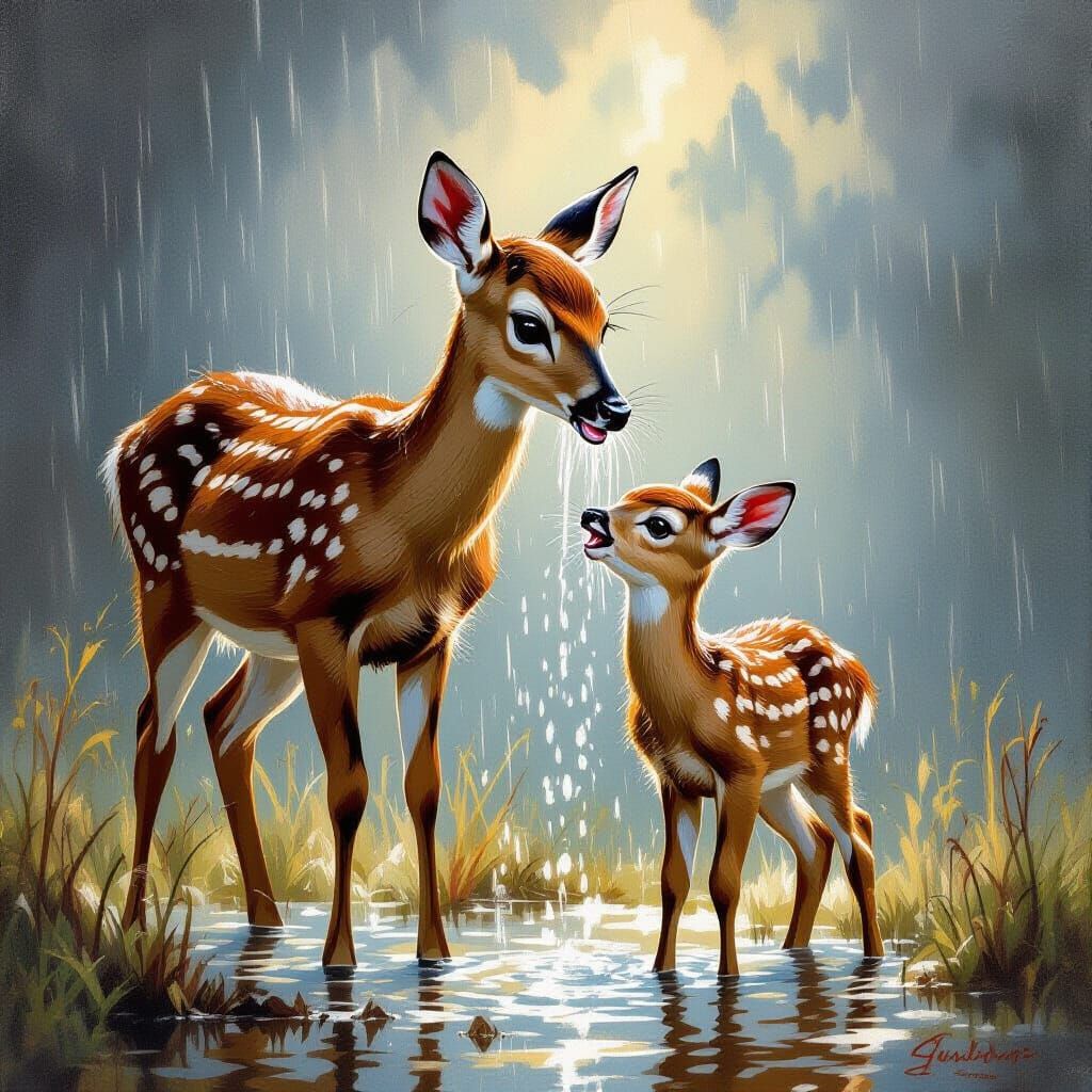 Bambi and Mother in Storm as Oil Painting