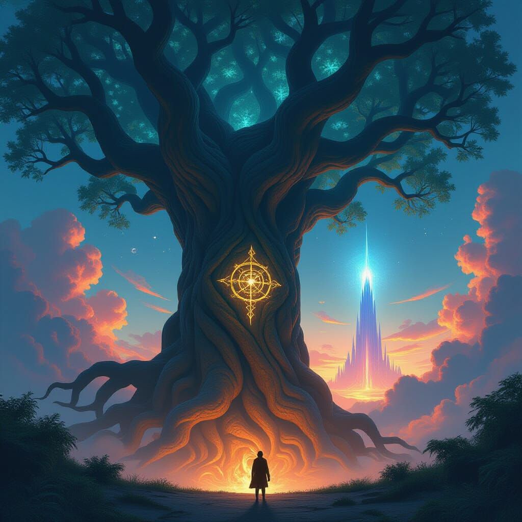 A lone traveler stands at the base of a colossal, ancient tree whose branches scrape the heavens. The bark of the tree is etched with glowin...