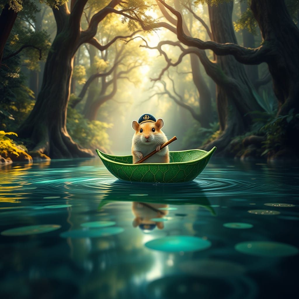 Regal Hamster Sails on Emerald Leaf-Boat in Mystical Forest