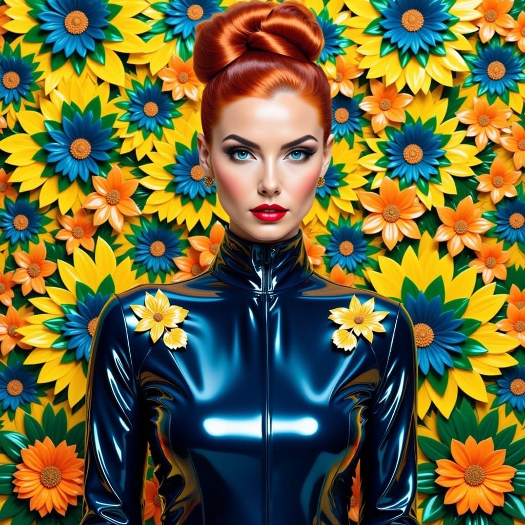 <lora:kaleidoscopeFlux:1.0> Art deco woman with ginger bun hair, blue eyes, and red lips, wearing a dark blue, shiny latex coat ,on a kaleid...