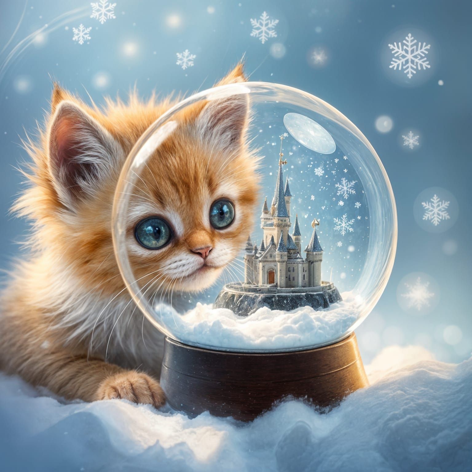 A kitten looking intently at a swirling snowglobe, 