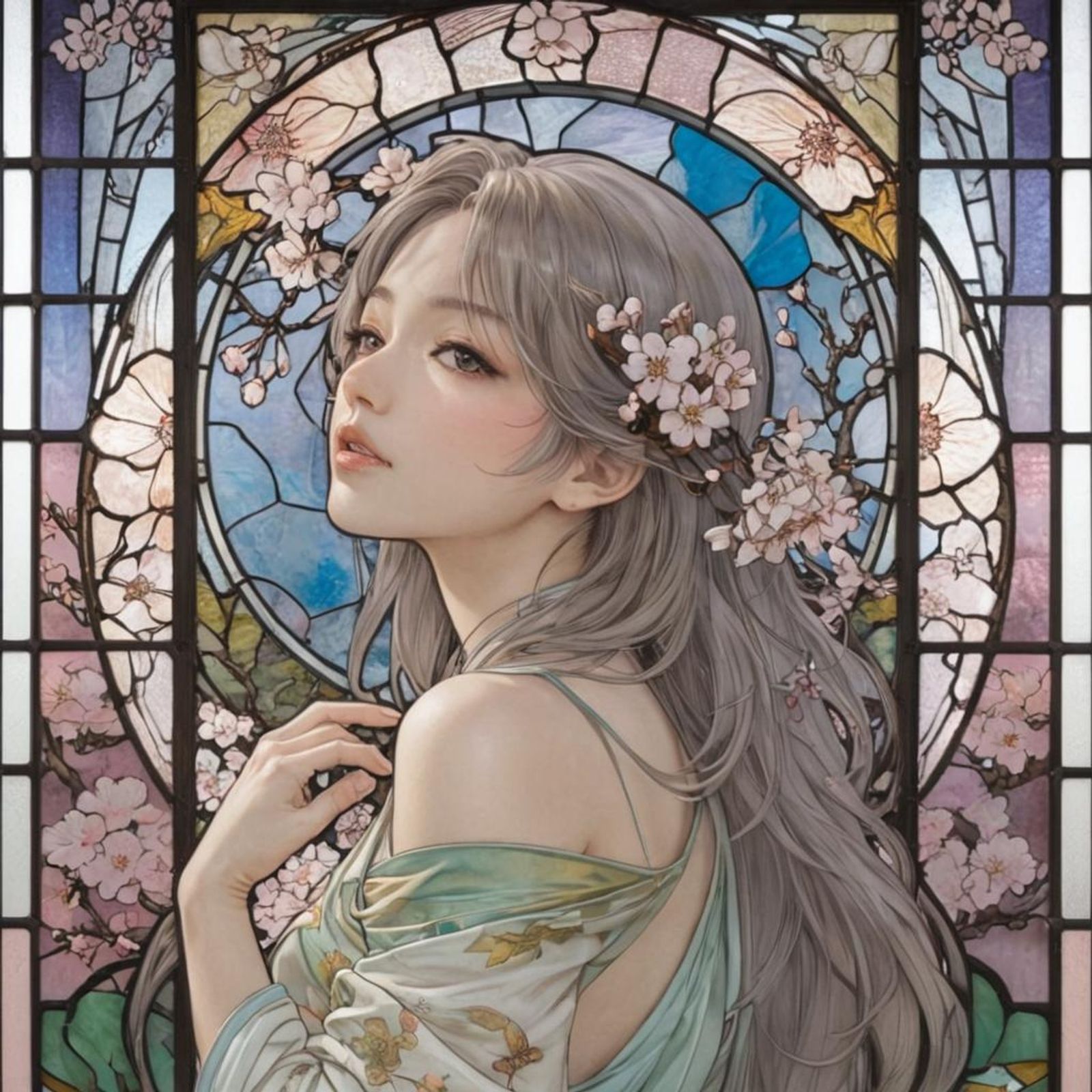 Art by Masamune Shirow, Japanese-inspired stained glass, delicate ...