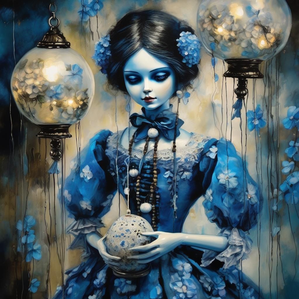 Beautiful porcelain doll puppet holding_blue_umbella_being controlled