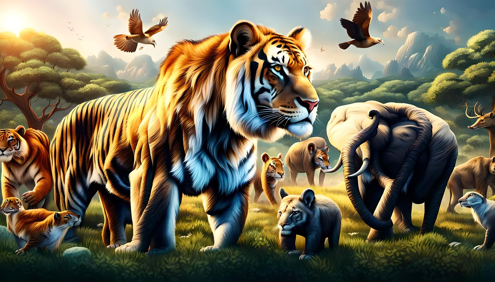 a photorealistic world where every animal lives in harmony. ...
