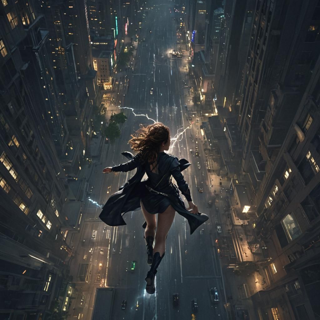 Luminous Woman Runs in Dark Fantasy Cityscape