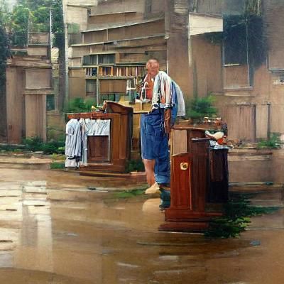 A preacher give a Sunday sermon while wearing overalls and s...