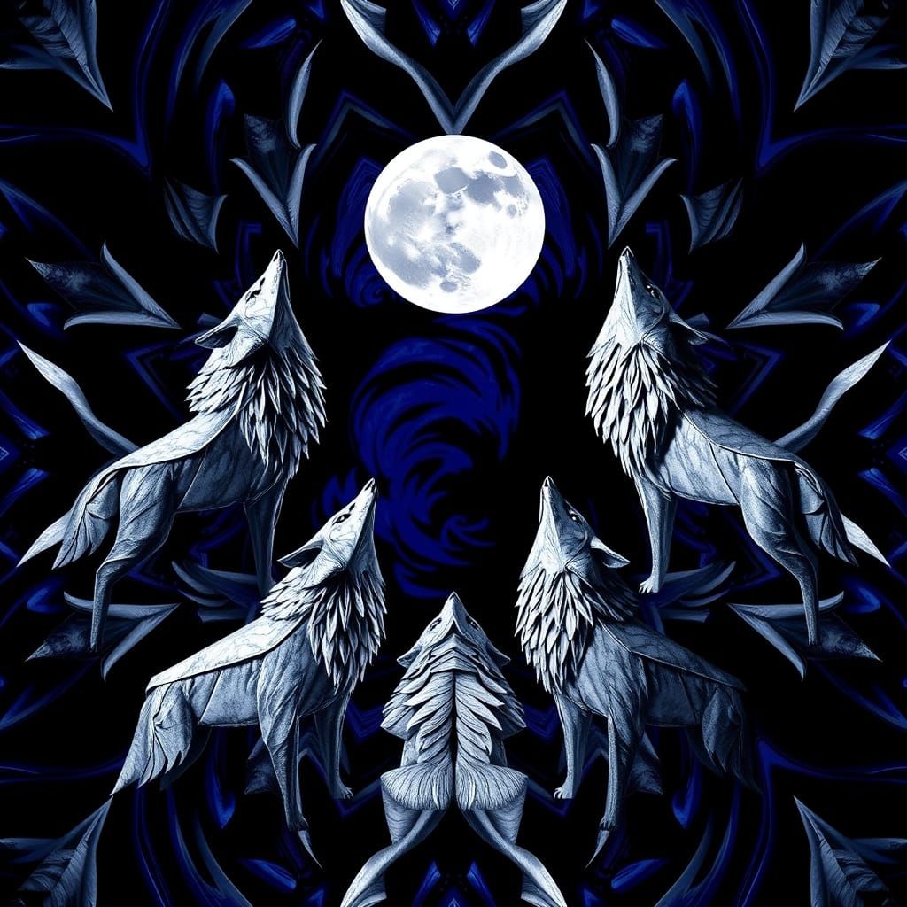 Kaleidoscope of Origami Wolves Howling at the Moon