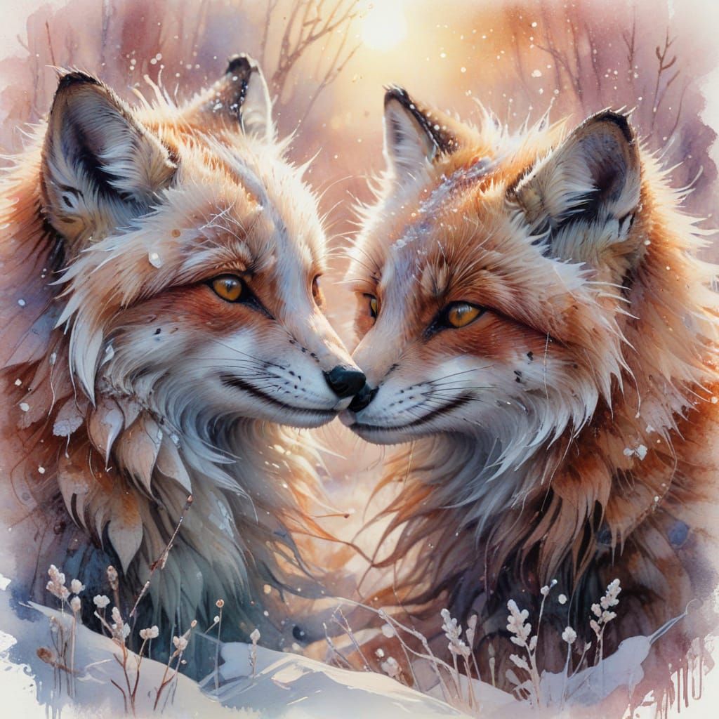 Arctic Foxes Snuggle in Stylized Watercolour Painting