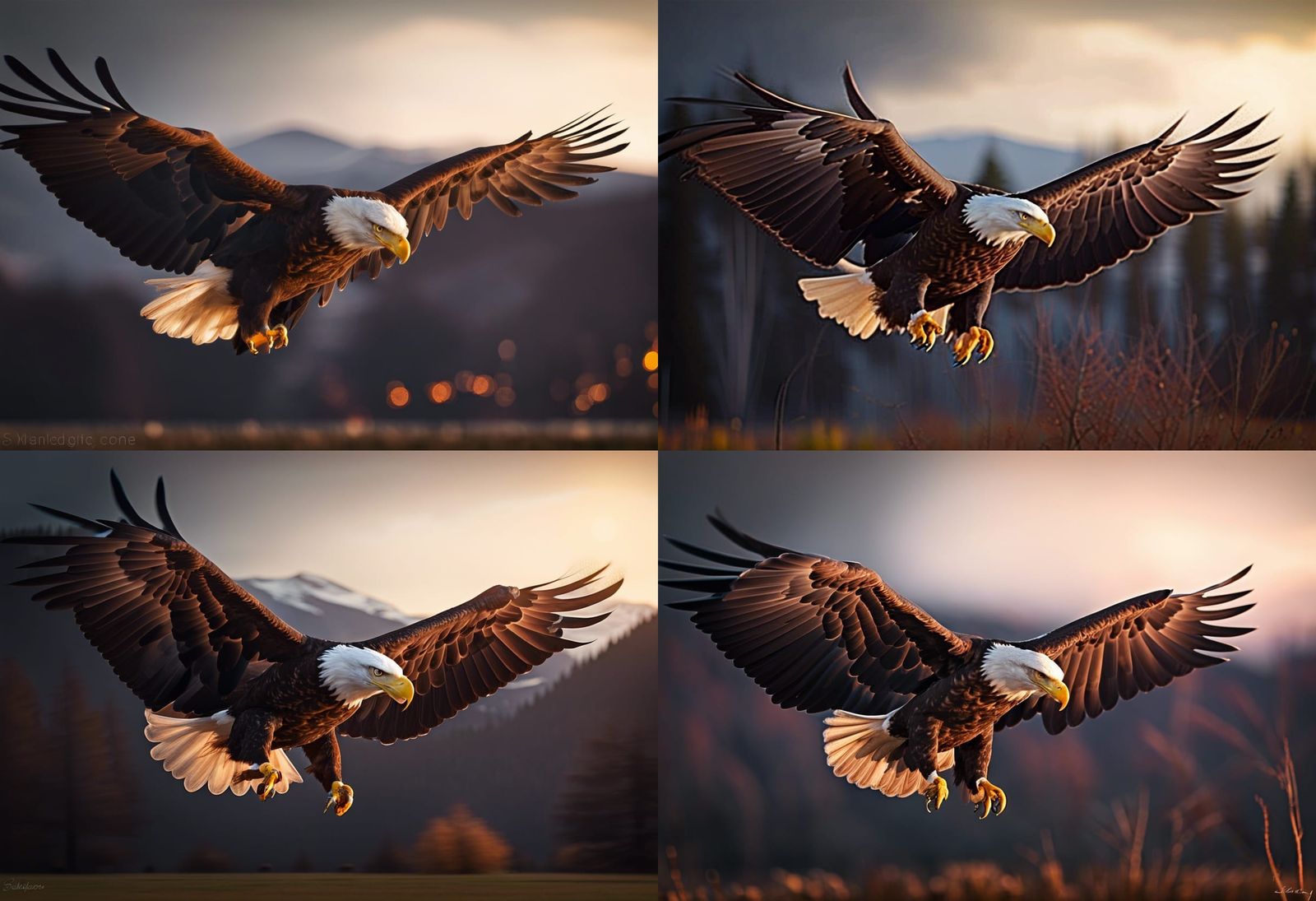 bald eagle flying, fiery night,