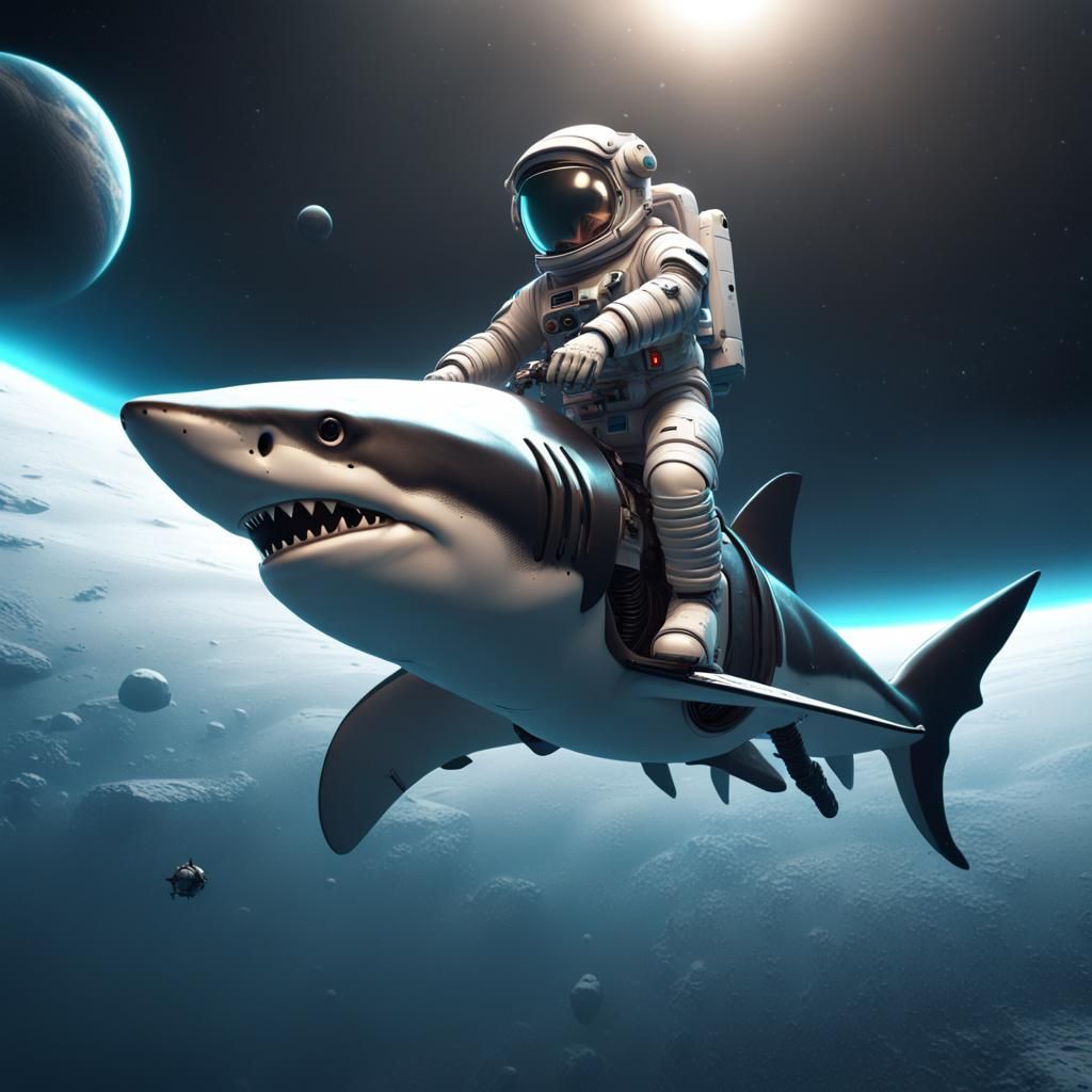 Astronaut riding a shark in space
  by @James Penc