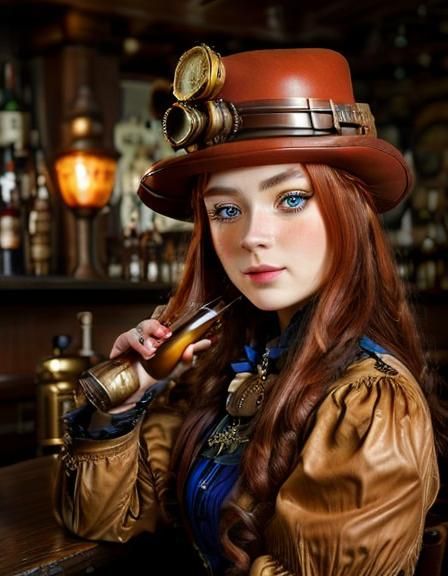 <lora:steampunk:1.0> portrait of pretty steampunk  woman, ,  brown  hair , red  dress, hat  ,bar, drinking"" steampunk engine 