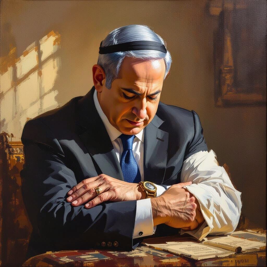 Benjamin Netanyahu Places Tefillin in Realistic Oil Painting...