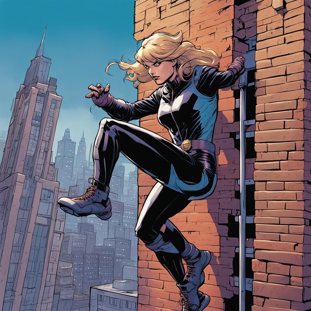 Taykor Swift in Xatwoman outfit climing up the side of a bui...
