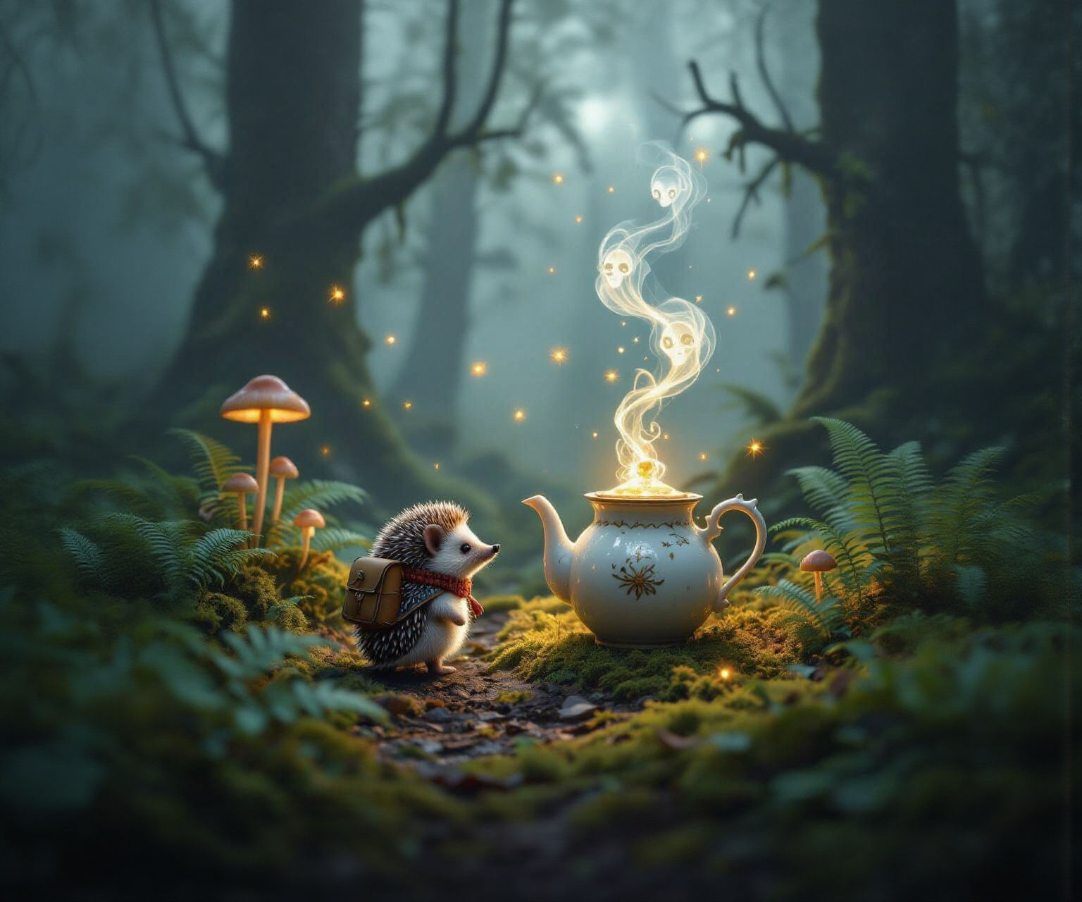 A tiny hedgehog traveller wearing a tiny knapsack and scarf wanders through a foggy, moss-covered forest at dawn. The mist swirls around glo...