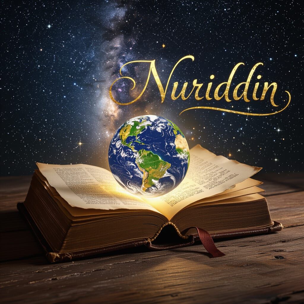 Prompt (to AI image generator):
"An open ancient book lying on a surface, in the center a realistic glowing Earth globe rising from the page...