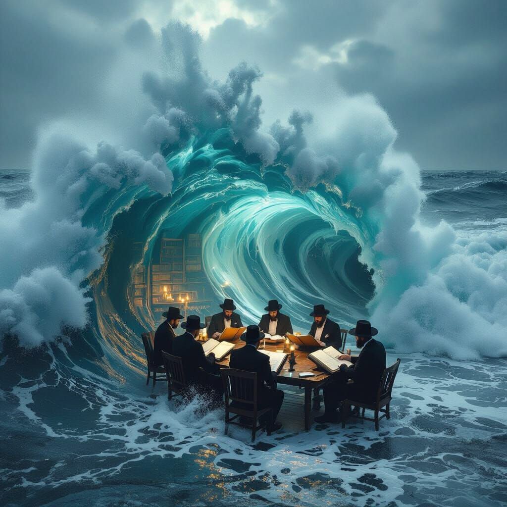 Dramatic Wave Scene with Men Reading, Double Exposure Effect