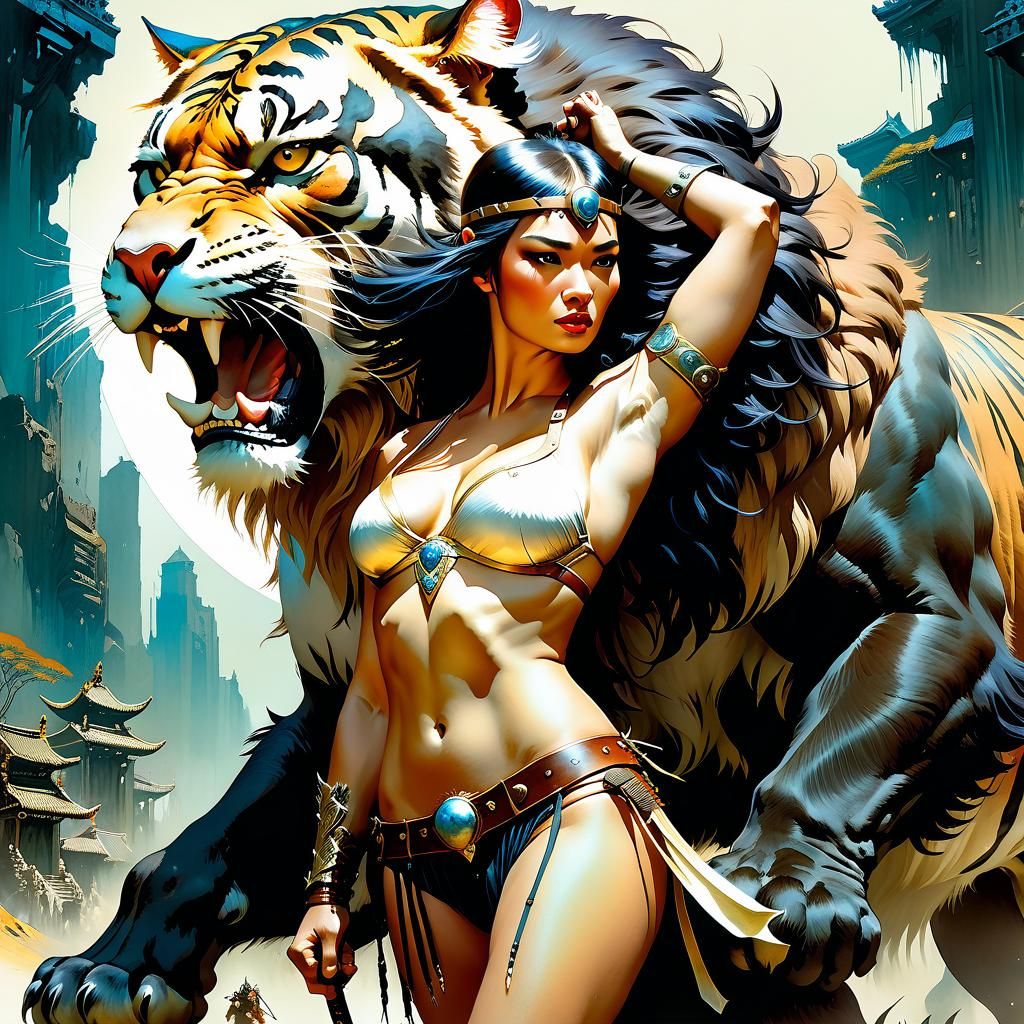 A picture of a big cat holding a barbarian warrior in its ar...