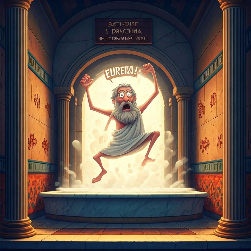 Sign "Bathhouse 1 drachma, bring your own Towel "
3d cartoon caricature, grey haired Archimedes Screams ...  by @Len H