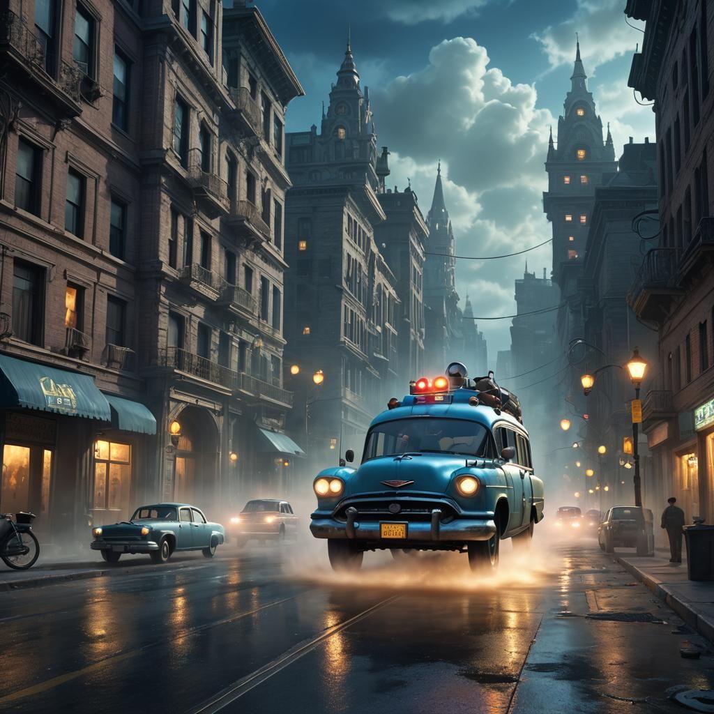 Ecto 1 driving rapid through city ghosts fleeing