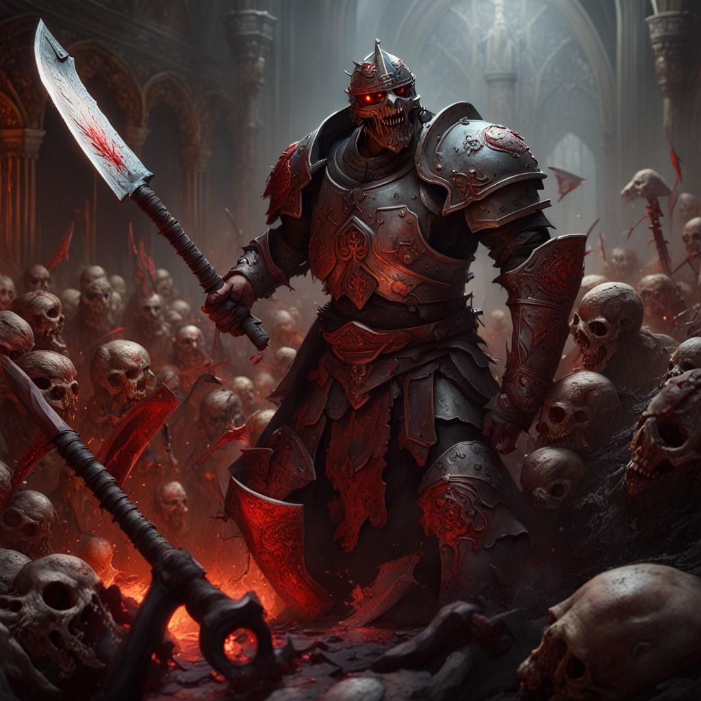 Desperate Fight: An Armored Warrior, Surrounded By The Undead, Raises 