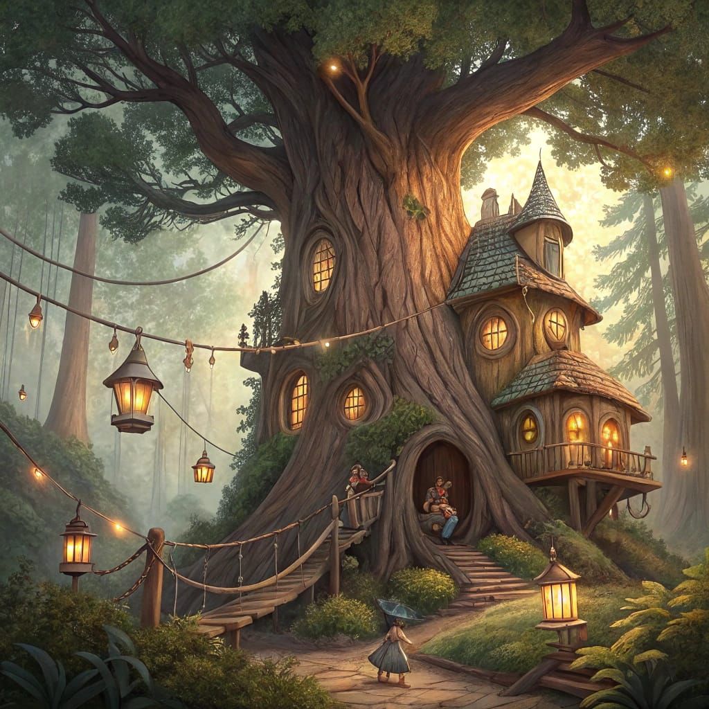 A whimsical treehouse village nestled within the branches of a giant, ancient redwood tree. Tiny, glowing lanterns illuminate the winding ro...