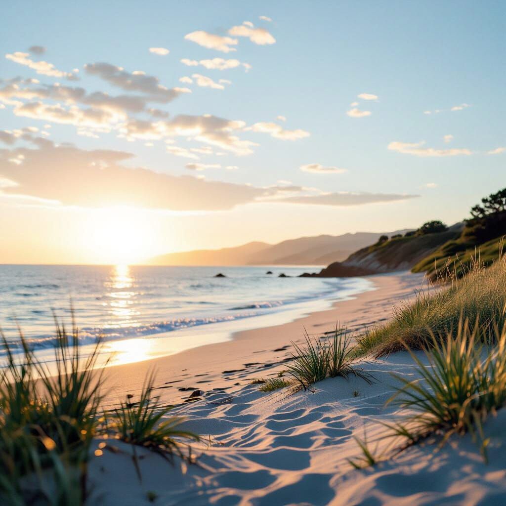 Serene Seaside Landscape with Warm Light, Photographic Style