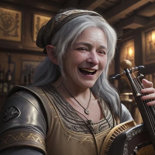 Portrait Of A Laughing Old Medieval Bard Performing For Quie...
