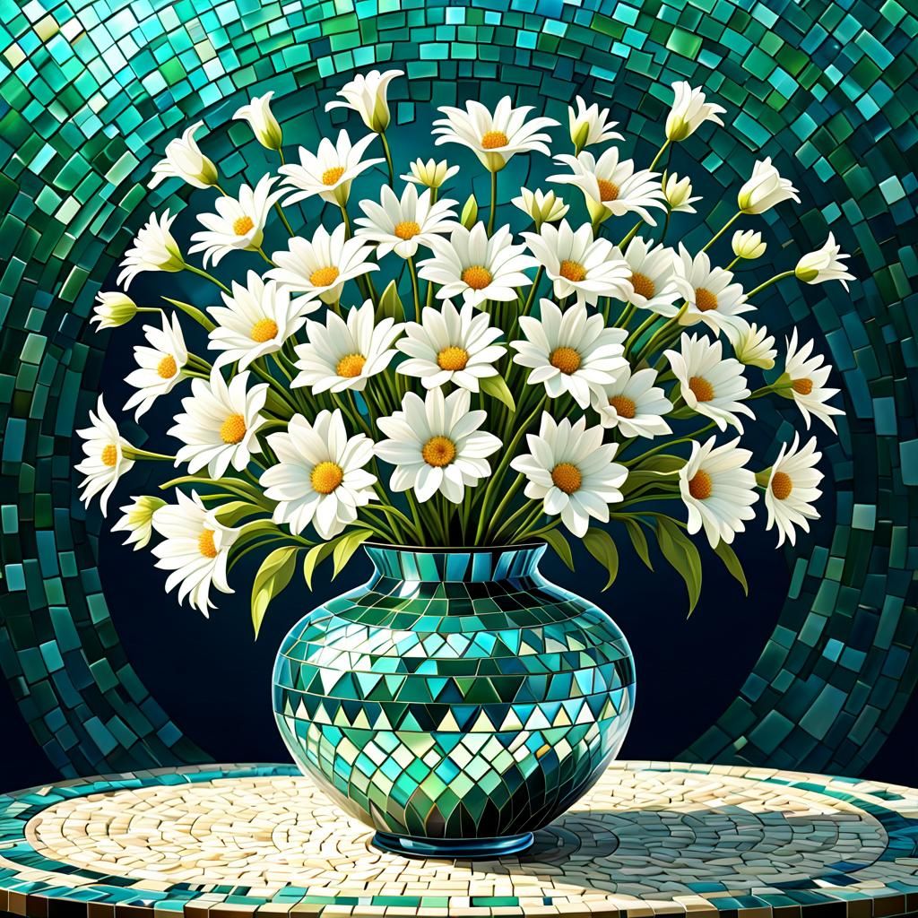 White mixed flower in a Blue green mosaic vase,round glass p...