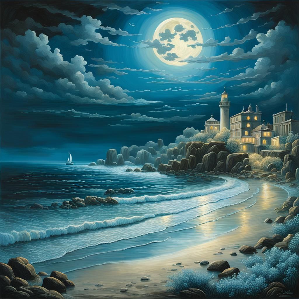 "Coastal cityscape under a full moon that casts a silvery gl...