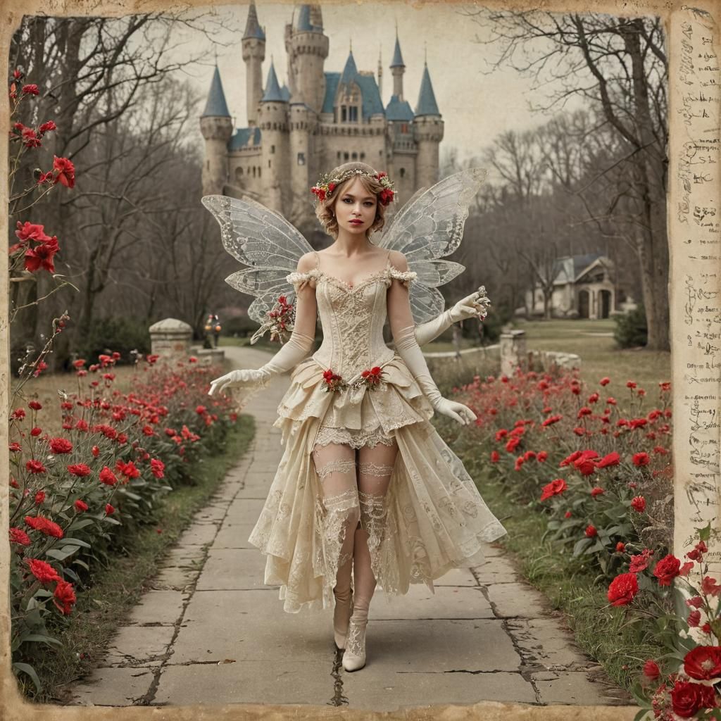 vintage grunge christmas fairy with wings walking on a pathway wearing ivory lace full gloves on music paper spaces with winter colors of re...