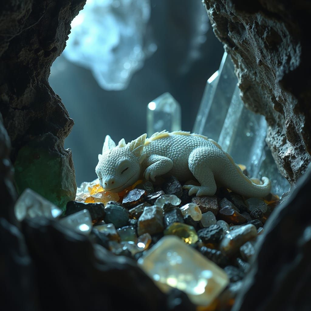 A miniature, bioluminescent baby dragon curled asleep on a pile of ancient, forgotten treasure within ...  by @Cookie Lover