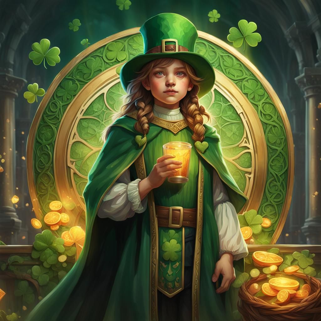 Saint Patrick, little girl, human face, whole figure, fantas...