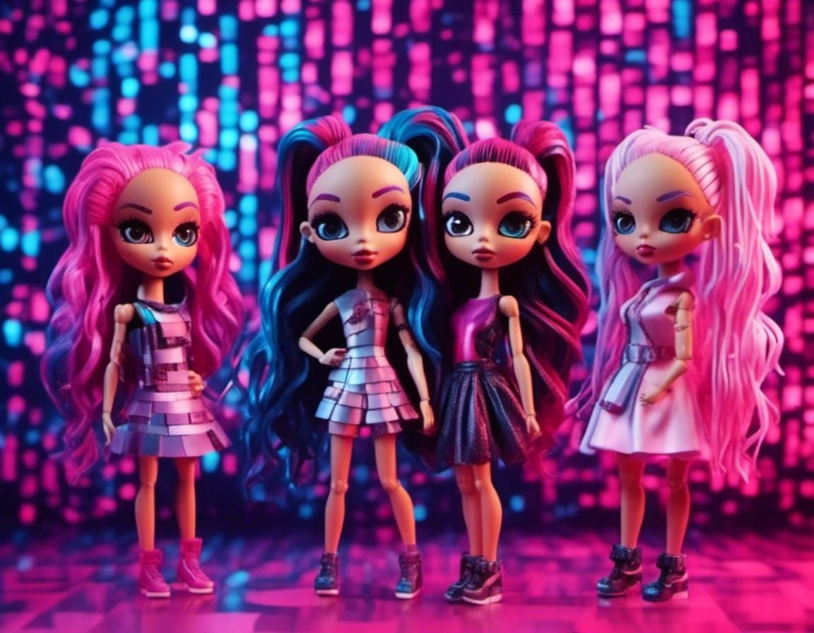 <lora:CyberLines:1.0> Bratz Dolls with Bobbleheads, funky cy...