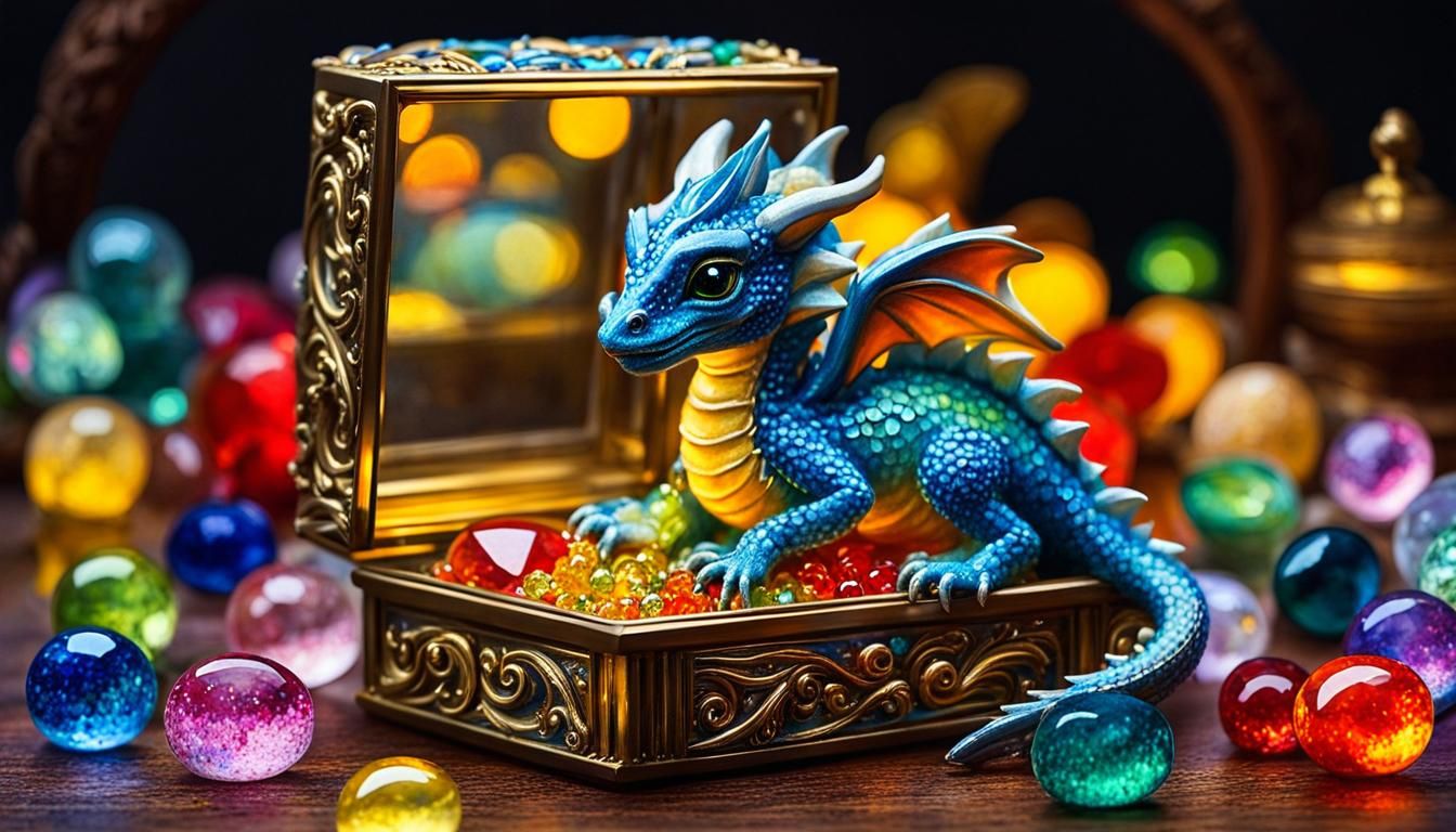 A cute miniature baby dragon sitting in a glass jewelry box ...