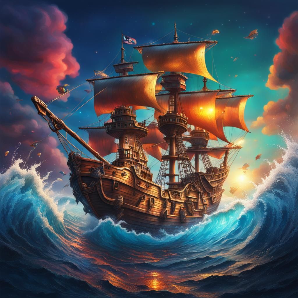 Pirate ship floating on a diamond sea