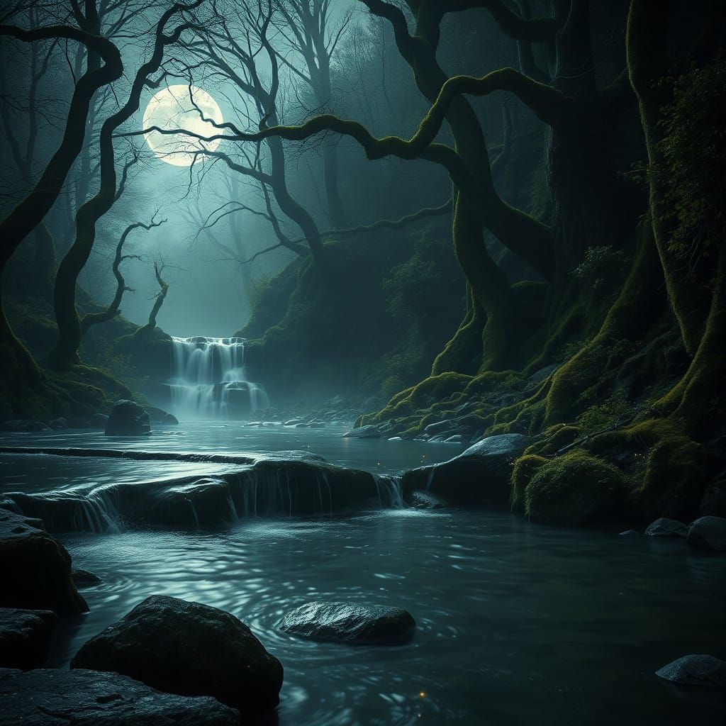 Mystical Moonlit Waterfall in Ancient Forest