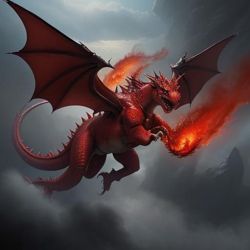 Massive red Dragon, flying, breathing fire, 
