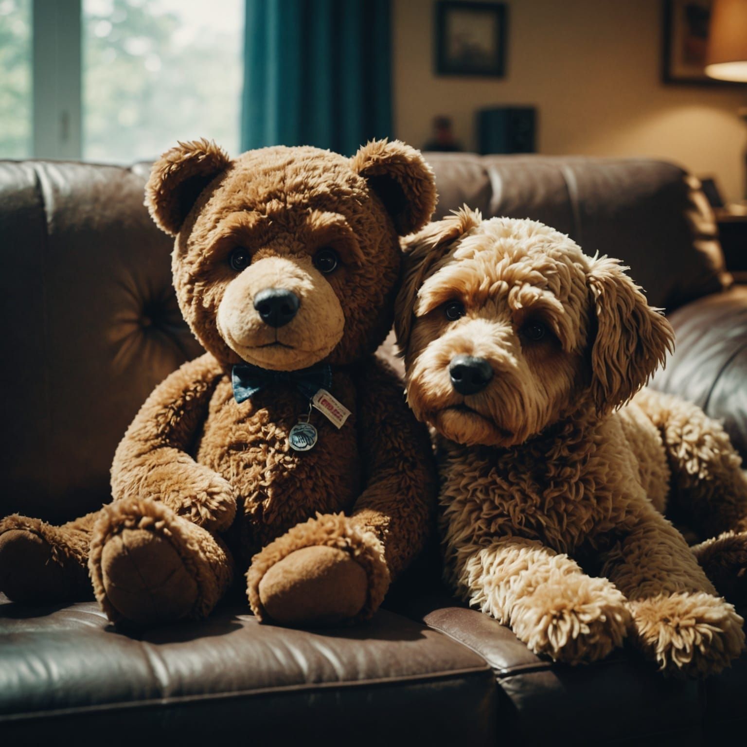 A teddy bear snuggling with a dog on a couch