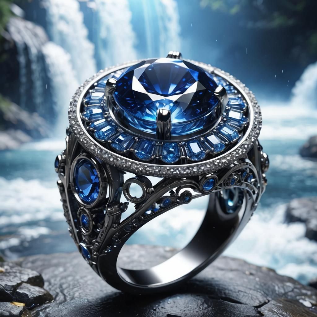 A ring with Blue sapphire in the center.

The surronding area is of a serence water fall and the center of the ring shows a tiny universe.