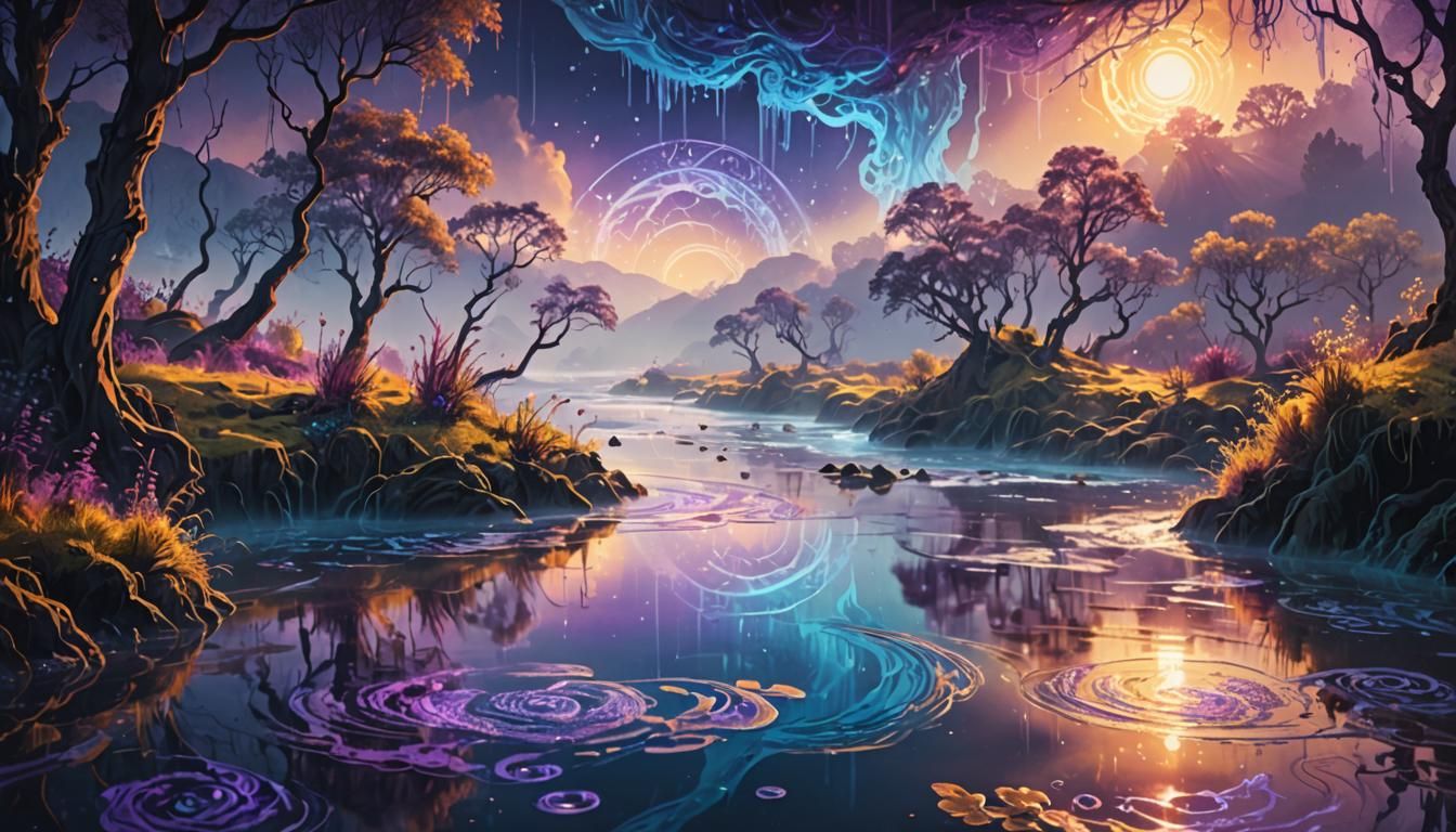 Ethereal Fantasy Landscape with Weeping Rivers