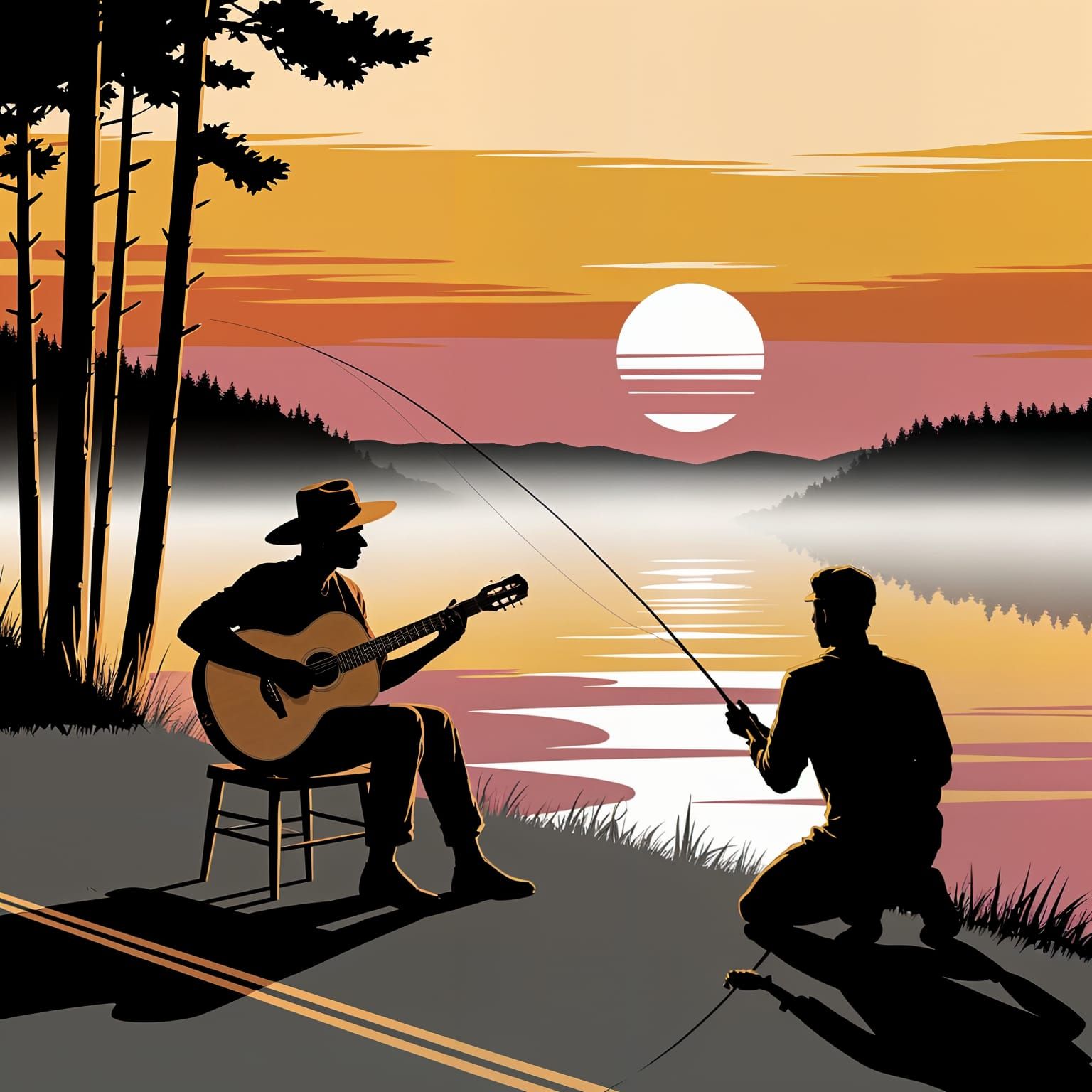 Golden Hour Sunset Serenity: Fishing and Guitar