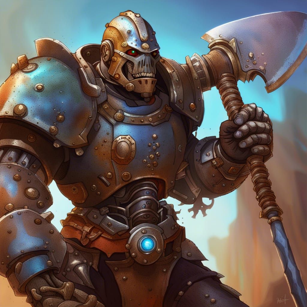 robot, warforged, Barbarian, with 2 handed axe, D&D, steampu...