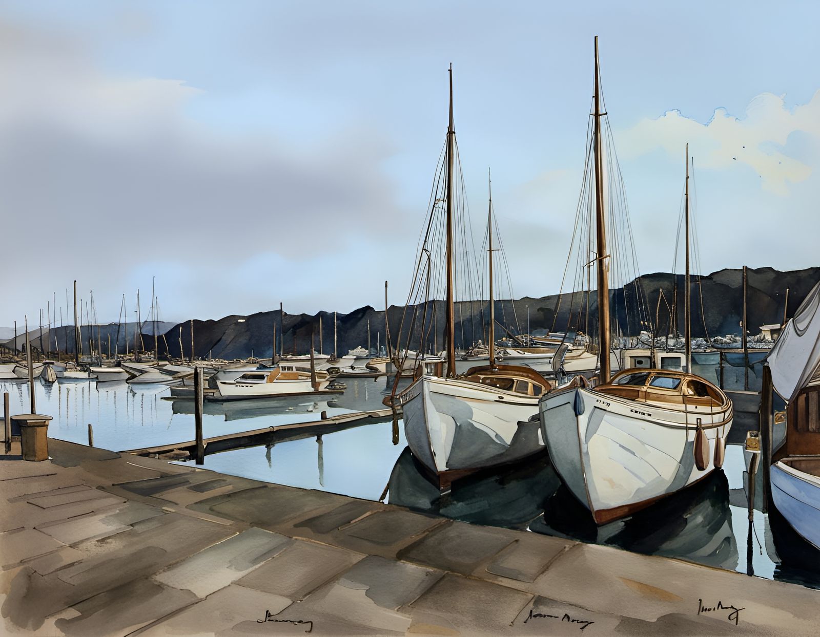 A marina with wooden yachts watercolor painting detailed ela...