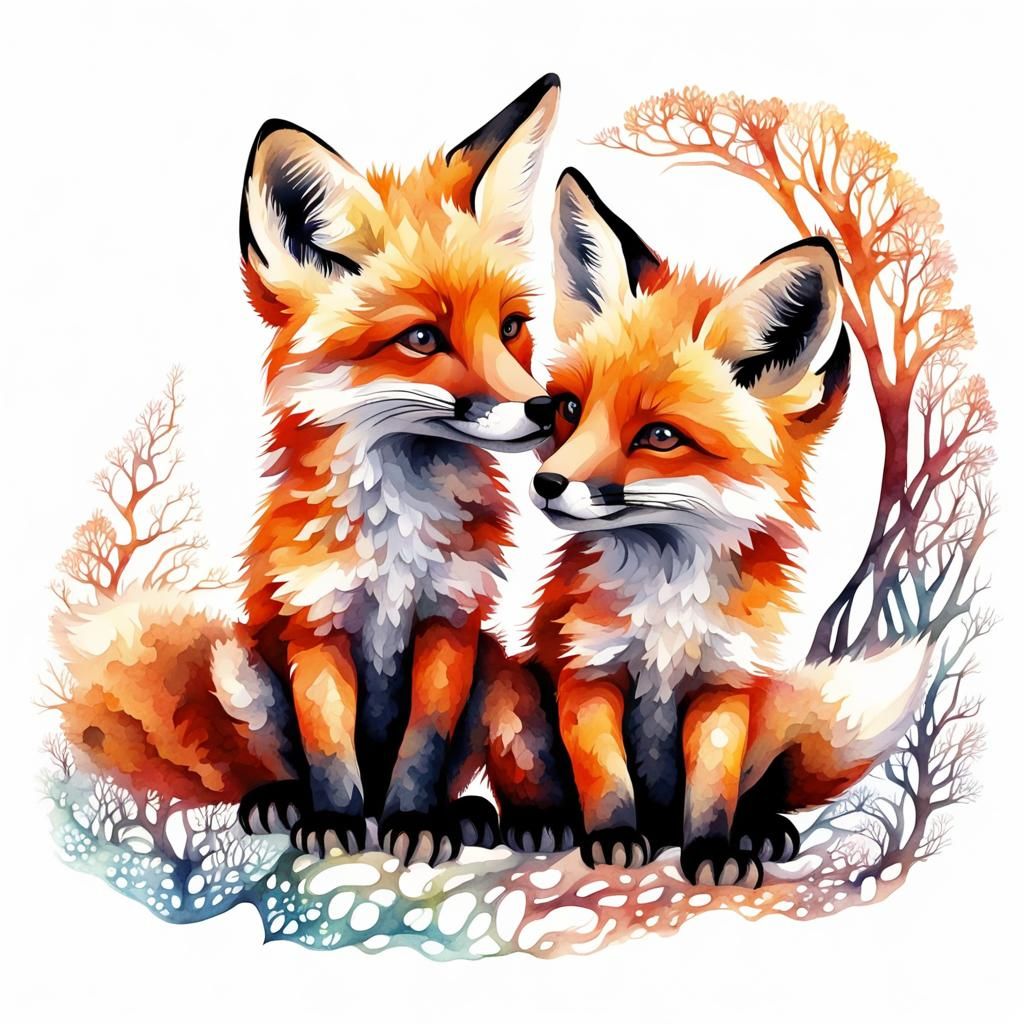 Watercolour fox cubs playing  in forest