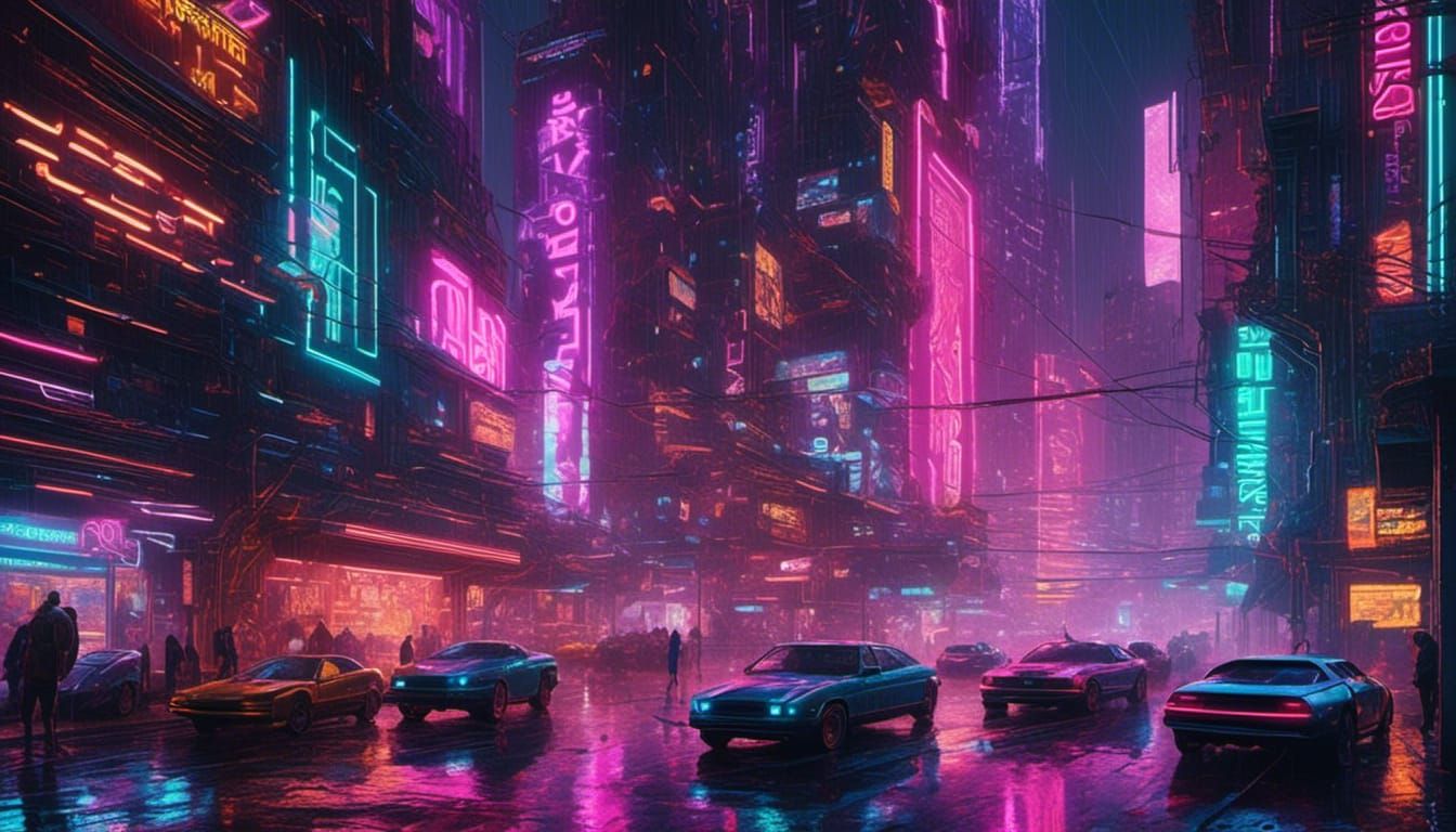 <lora:Murraypunk v2:1.0> A neon-lit futuristic cyberpunk cityscape with rain-soaked streets futuristic cars and holographic billboards