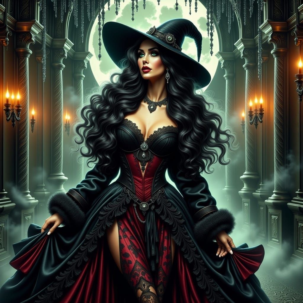 <lora:Witch Skeleton Ghost:1.0> a beautiful witch in a Victorian Style Halloween-themed Background 