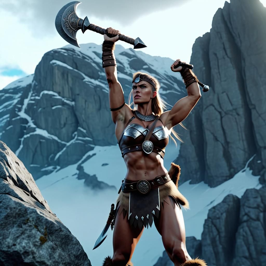 A beautiful female barbarian stands in a fighting position o...